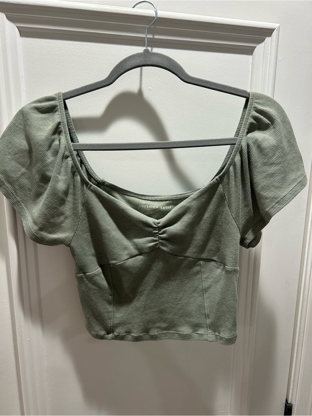 American Eagle Outfitters Light Sage Ribbed Puff Sleeve Crop Top